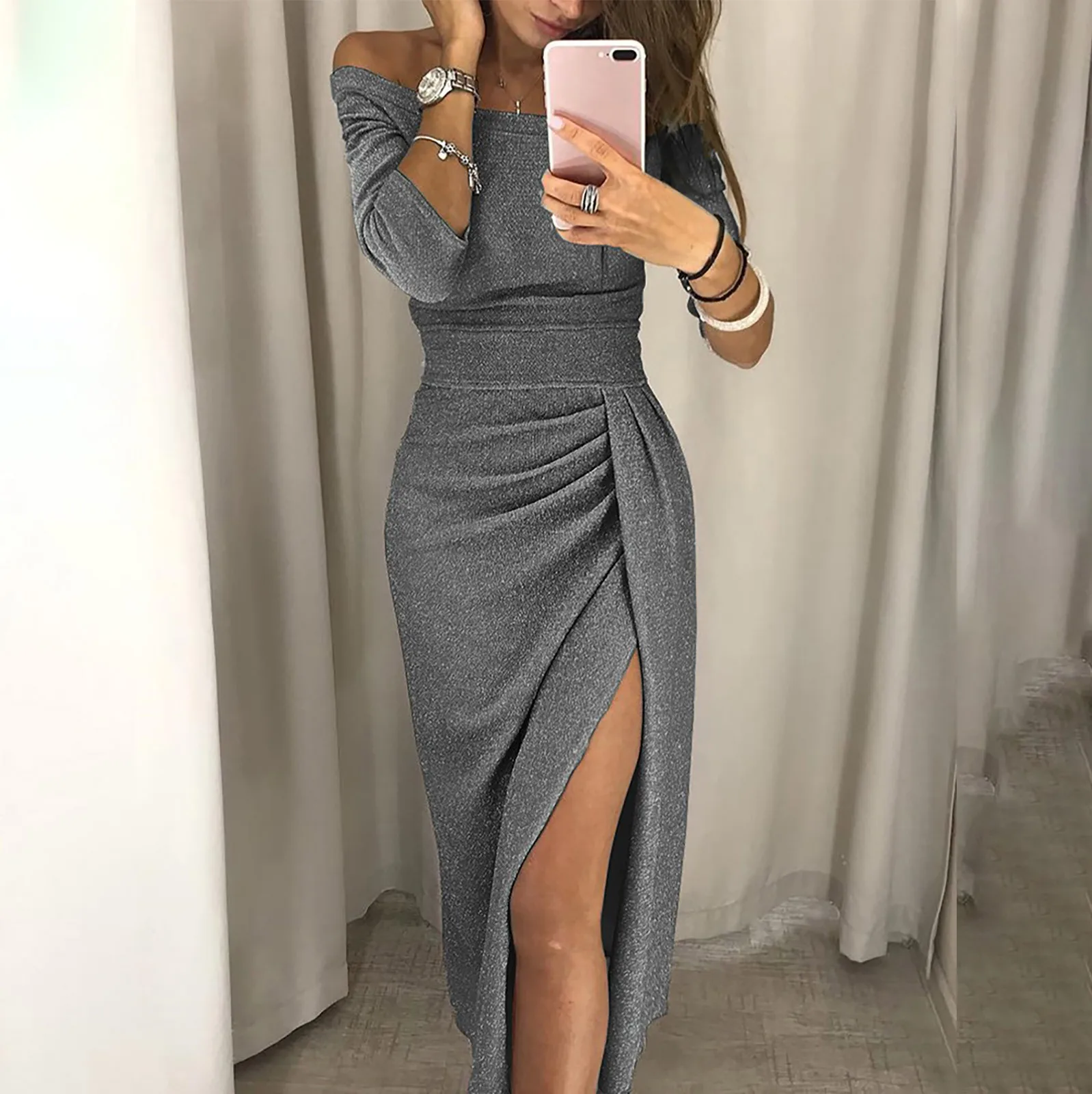 

Fashion Women Autumn And Winter Fashion Sexy Solid Off Shoulder Pleated Split Fork Prom Dresses Solid Long Sleeve Dress Vestidos