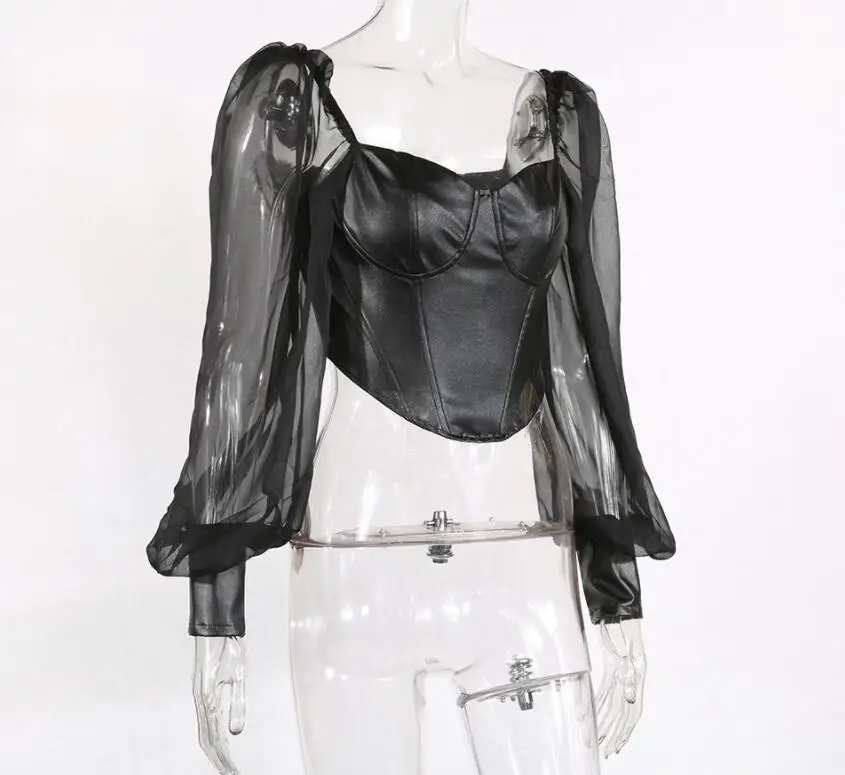 Женская блузка из искусственной кожи в стиле пэчворк с пышными рукавами