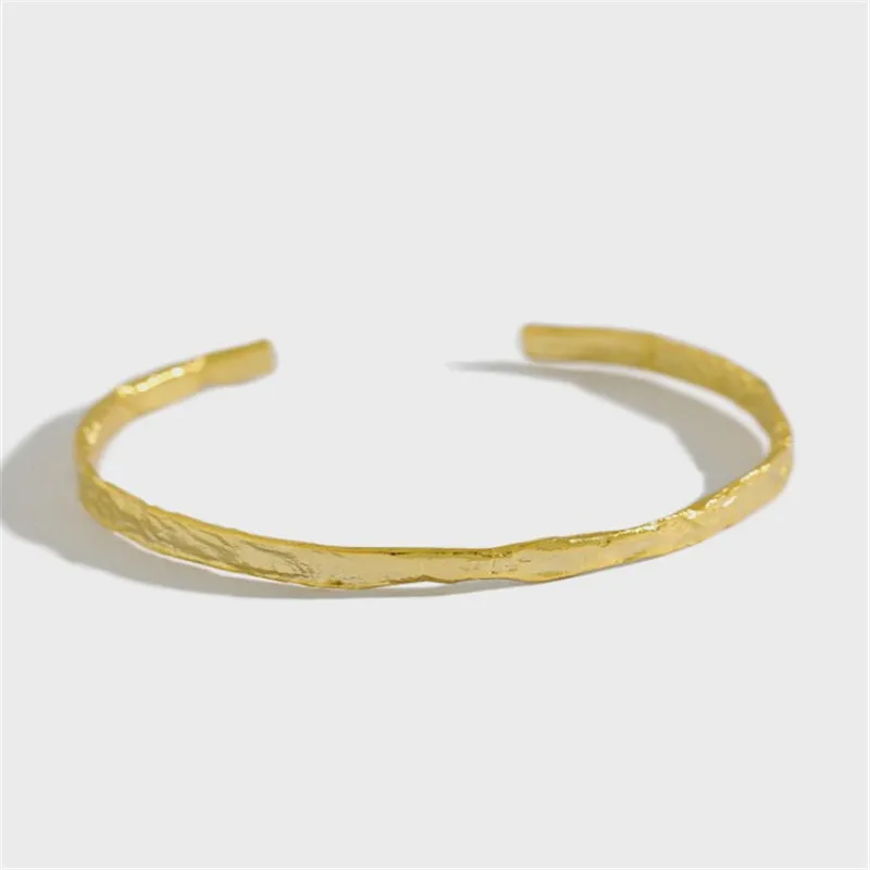 

New Simple Open Adjustable Bangle For Women 100% 925 Sterling Silver Irregular Concave And Convex Foil Surface Bangle