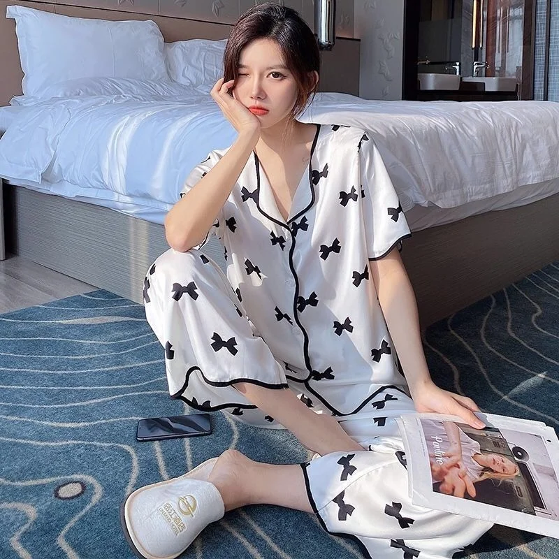 

XEJ Bow Print Pijama Kawaii Sleepwear Women Summer Women Pajamas Homewear Women Cute Tops Short Pyjamas for Women Nightwear