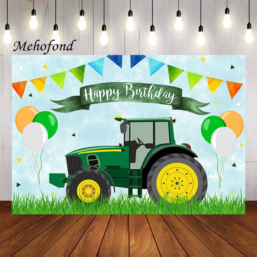 

Mehofond Green Tractor Theme Photography Background Farm Tractor Balloons Baby Shower Boys Birthday Party Backdrop Photo Studio