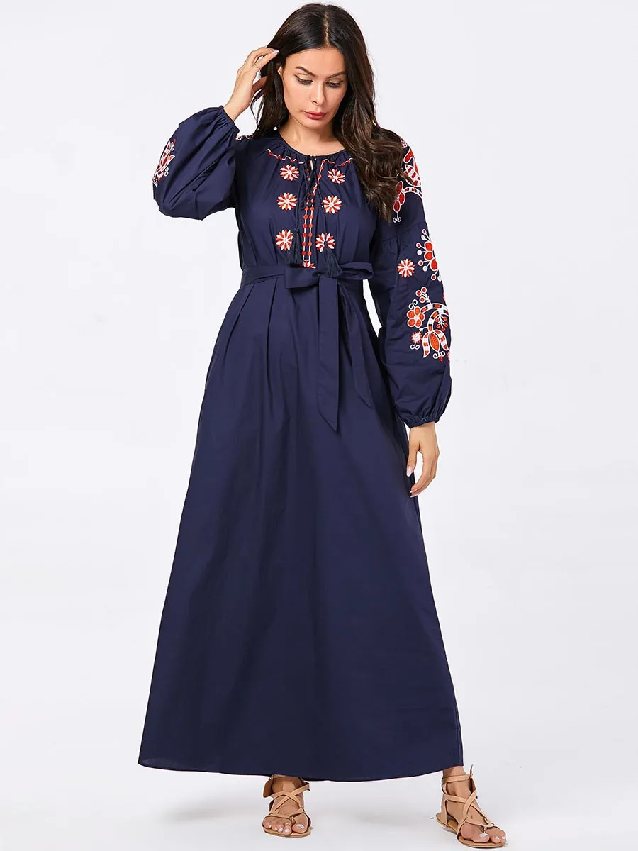 

Muslim Dresses Large Size Comfortable Moroccan Kaftan Arabian Blue Embroidered Puff Sleeve Abaya Femme Dress