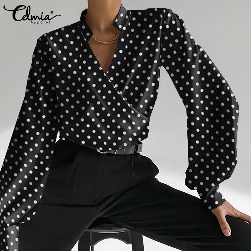 

Женская Осенняя модная блузка в горошек Celmia 2021, пикантные рубашки с запахом и V-образным вырезом, повседневные свободные топы с буффами и дли...