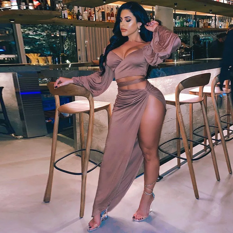 

New Sexy Skirt Women's Suit Bandage V Neck Top High Slit Dress 2 Piece Set Summer Tracksuit Outfit