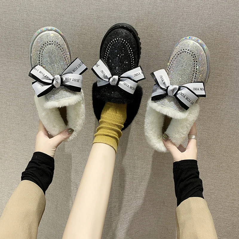 Модная обувь с украшением в виде кристаллов зимние ботинки круглый носок