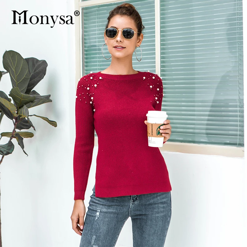 Пуловер свитер с бисером Осень-зима 2019 вязаные свитера длинным рукавом Женский