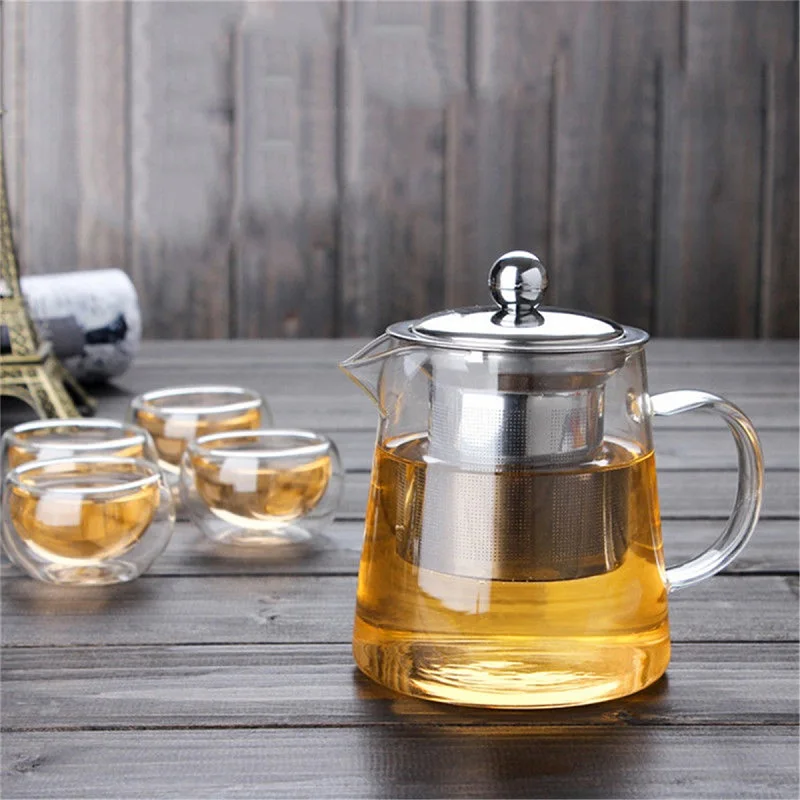 450ml 600/950/1300 мл Стекло Нержавеющая сталь Чай горшок с фильтром Infuser крышкой термостойкие Чай чайник Офис Чай набор посуды - Цвет: 450ml