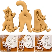 3pcsset plastic cookie baking mold cartoon kitty pressing frosting fondant home baking biscuit tool kitchen bakeware supplies