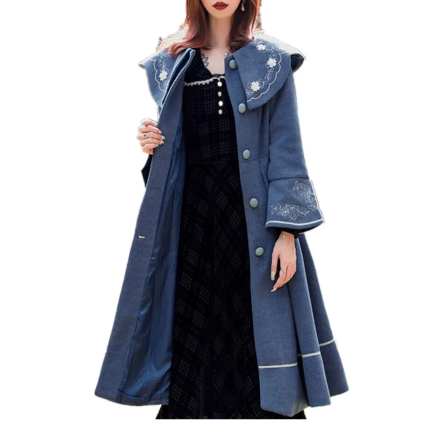 Осенне-зимнее винтажное шерстяное пальто с вышивкой женское тонкое однобортное |