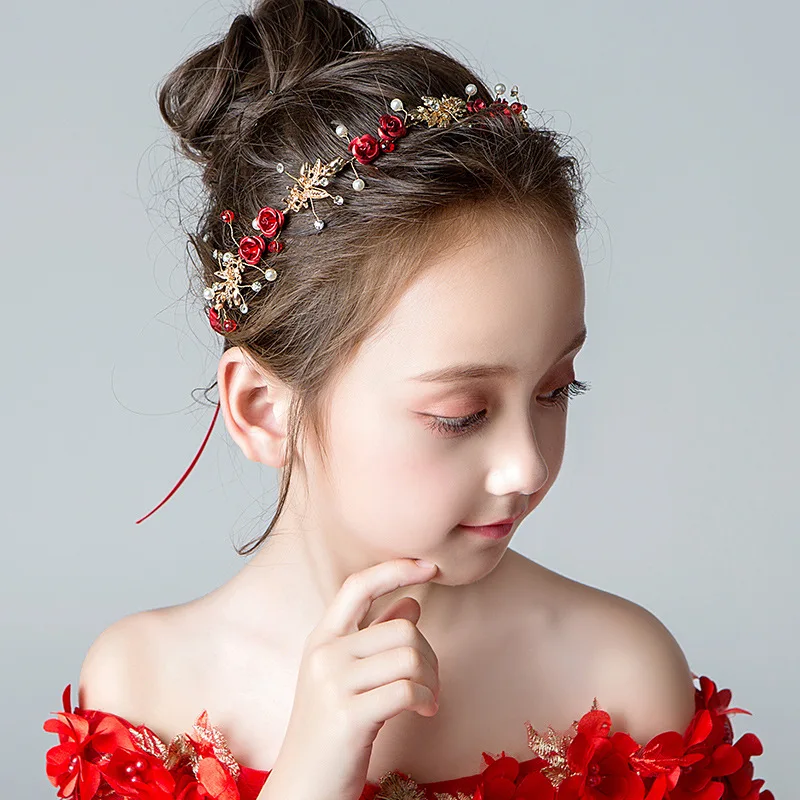 

Children's red exquisite headdress flower girl wedding accessories girls birthday cute show all-match hair accessories