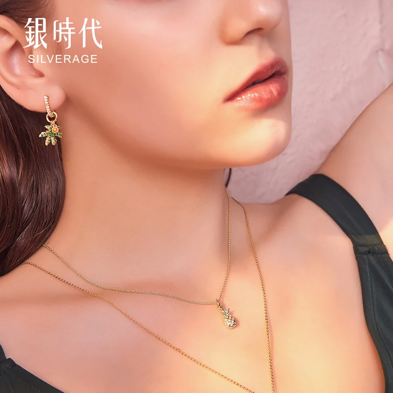 

SA SILVERAGE Necklace Original Design Oasis Pineapple Necklace Female Fruit 925 Sterling Silver Chain 2019
