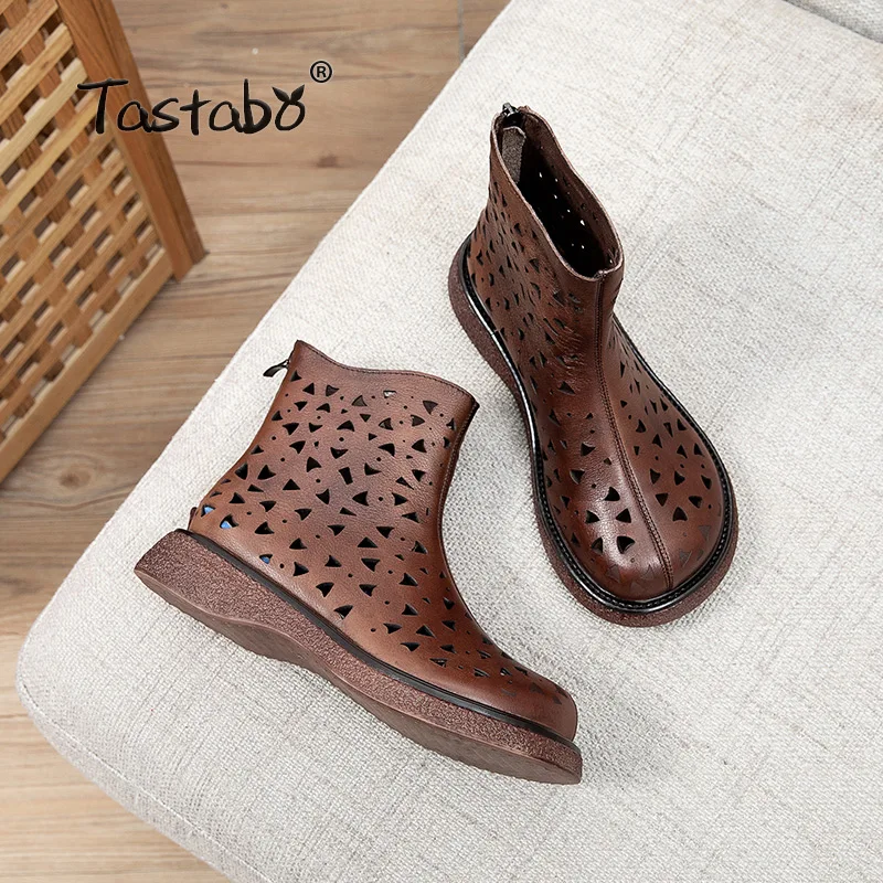 

Summer Women Boots Casual Ankle Boots Genuine Leather Cut-outs Sandals Retro Handmade Women's shoes Hook&Loop Flat Boots S8838