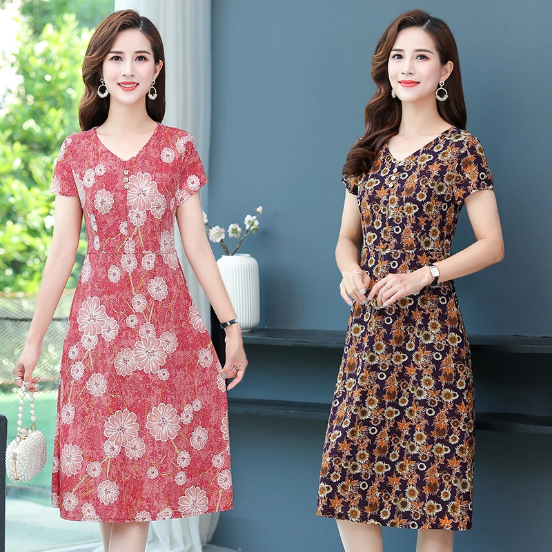 

Women Vintage Dress Short Sleeve V-neck Summer Vestidos Women's Elegant Printing Mid-Calf Casual Dresses Female
