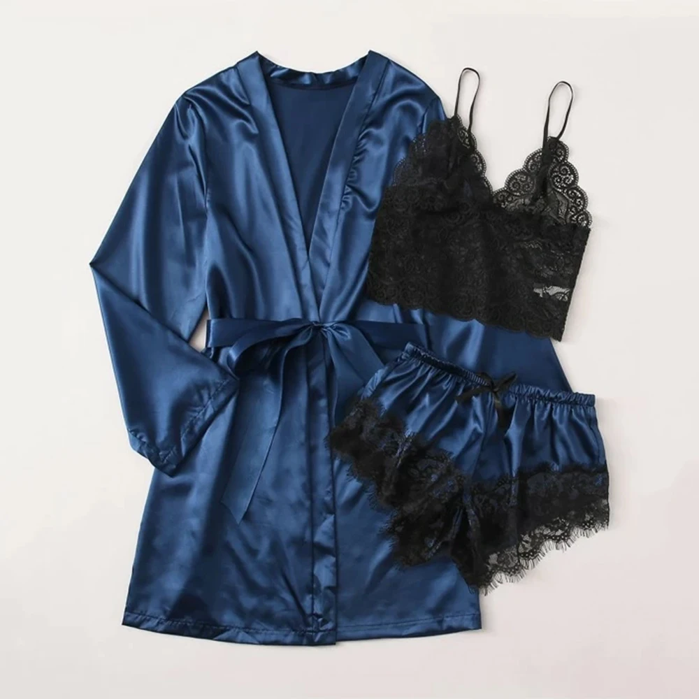 Женская атласная ночная рубашка кружевной комплект из 3 предметов женская одежда
