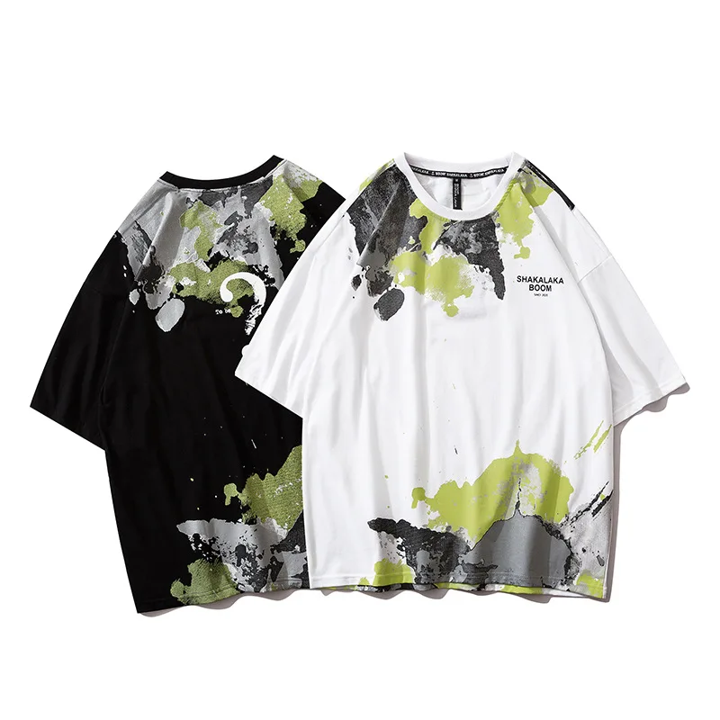 

High street hip hop print T-shirt loose Street loose black and white contrast splash print short sleeve T-shirt for men and