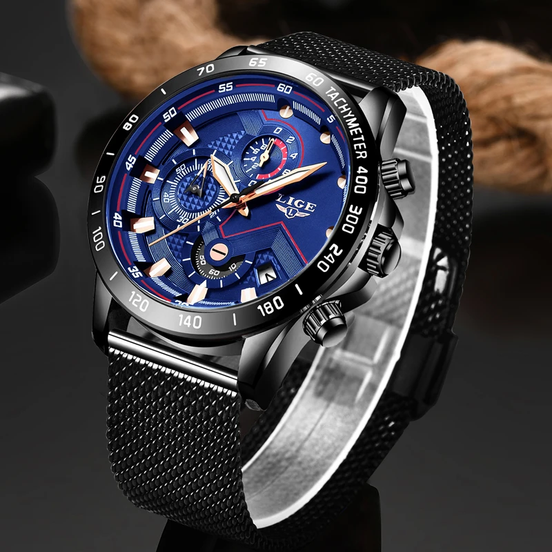 Часы наручные LIGE Мужские кварцевые модные повседневные водонепроницаемые