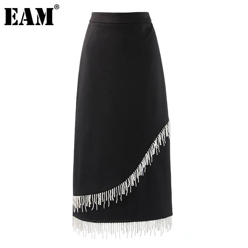 

[EAM] высокая талия, черные стразы, кисточки, длинная, элегантная, половина тела, юбка, женская мода, новинка, весна-осень 2022, 1DE2675