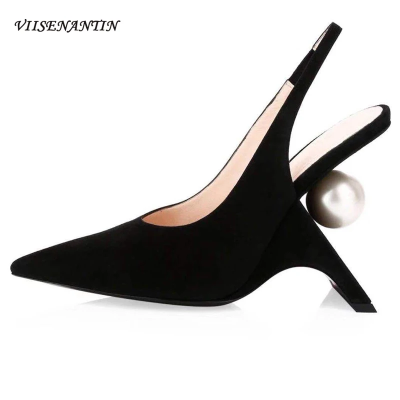 

VIISENANTIN Black Suede Lady Spring Summer Pumps Shoes Pointy Toe Slingback Strange Heel Shoe Pearl Decor Celebrity Party Shoe
