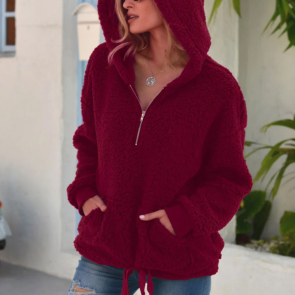 

Winter Velvet Thickening Lamb Velvet Sweet Hooded Solid Zipper Harajuku Loose Pocket Hoodie Women Pullover Sweatshirt