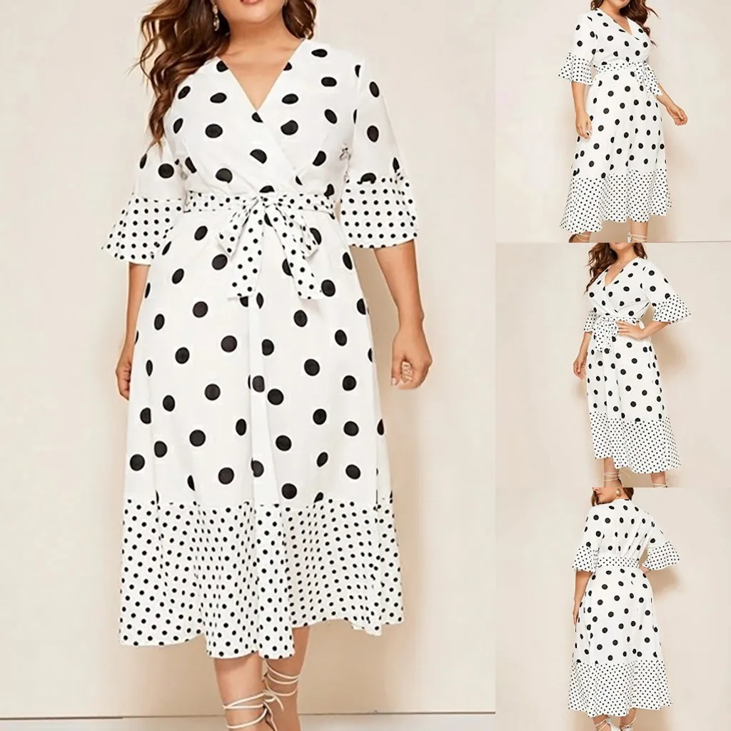 Летнее женское винтажное платье повседневное в горошек с принтом а-силуэта