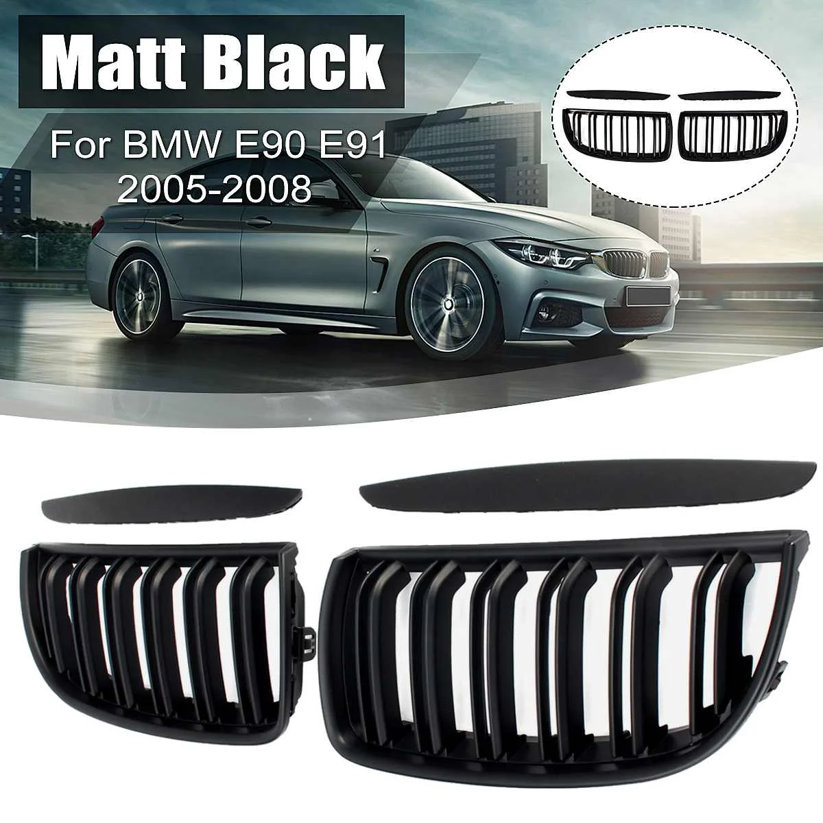 

Матовая черная пара для BMW E90, E91, 2005, 2006, 2007, 2008, передняя 2 линия, двойная решетка, решетка для радиатора, гоночные грили, Внешние детали