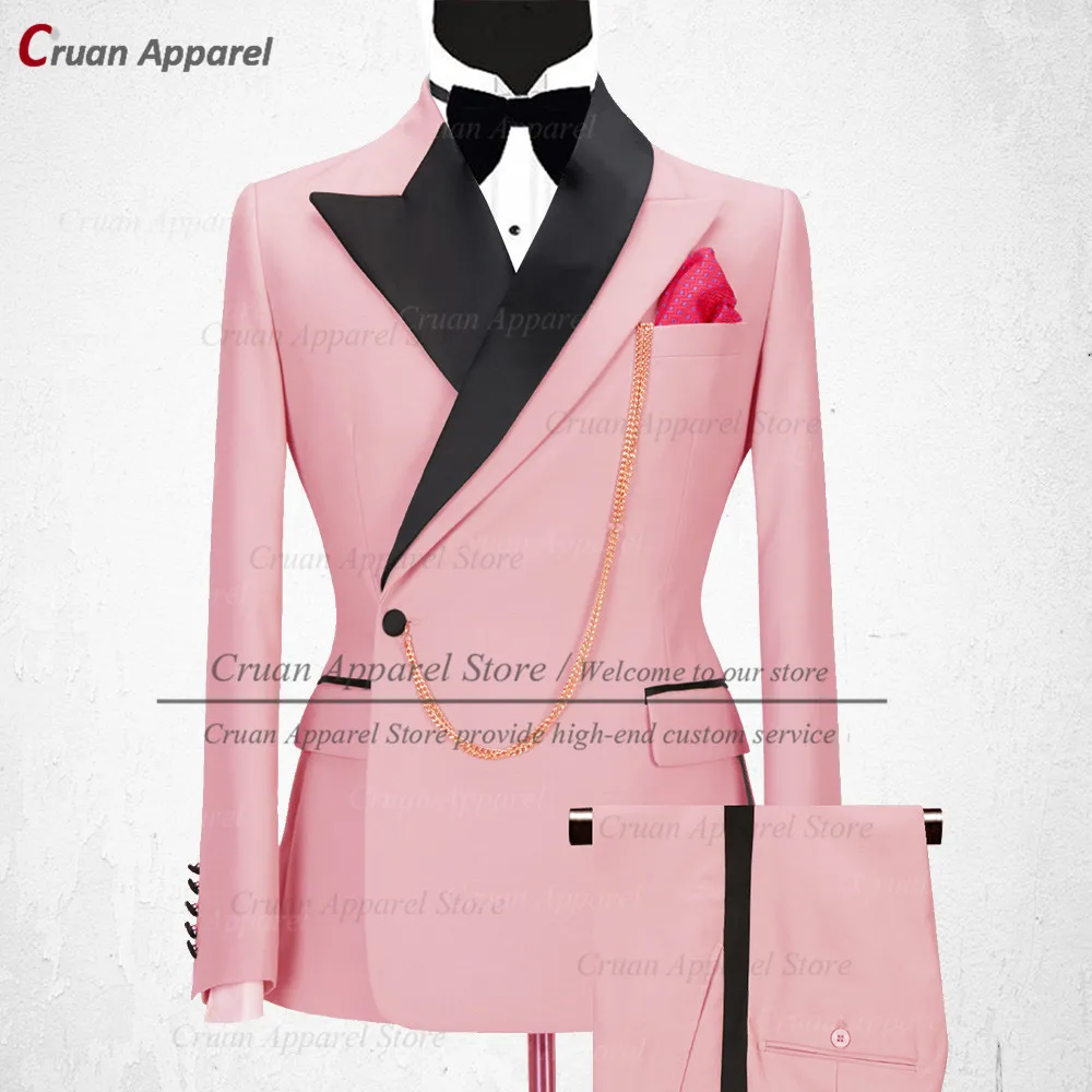 Latest Luxury Pink Mens Suit Set Slim fit Groomsmen Groom Wedding Dress Tuxedo Fashion Designs Party Stage Blazer Pants 2 Pieces