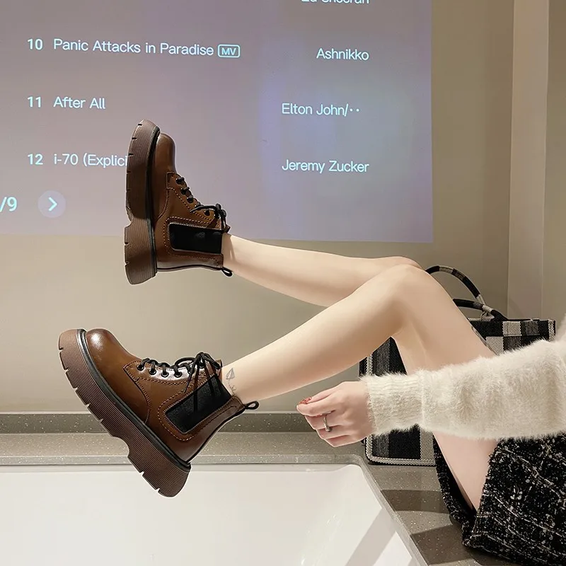 2021 autumn new retro British style fashion lace stretch boots women all-match thick-soled boots Zapatos De Mujer