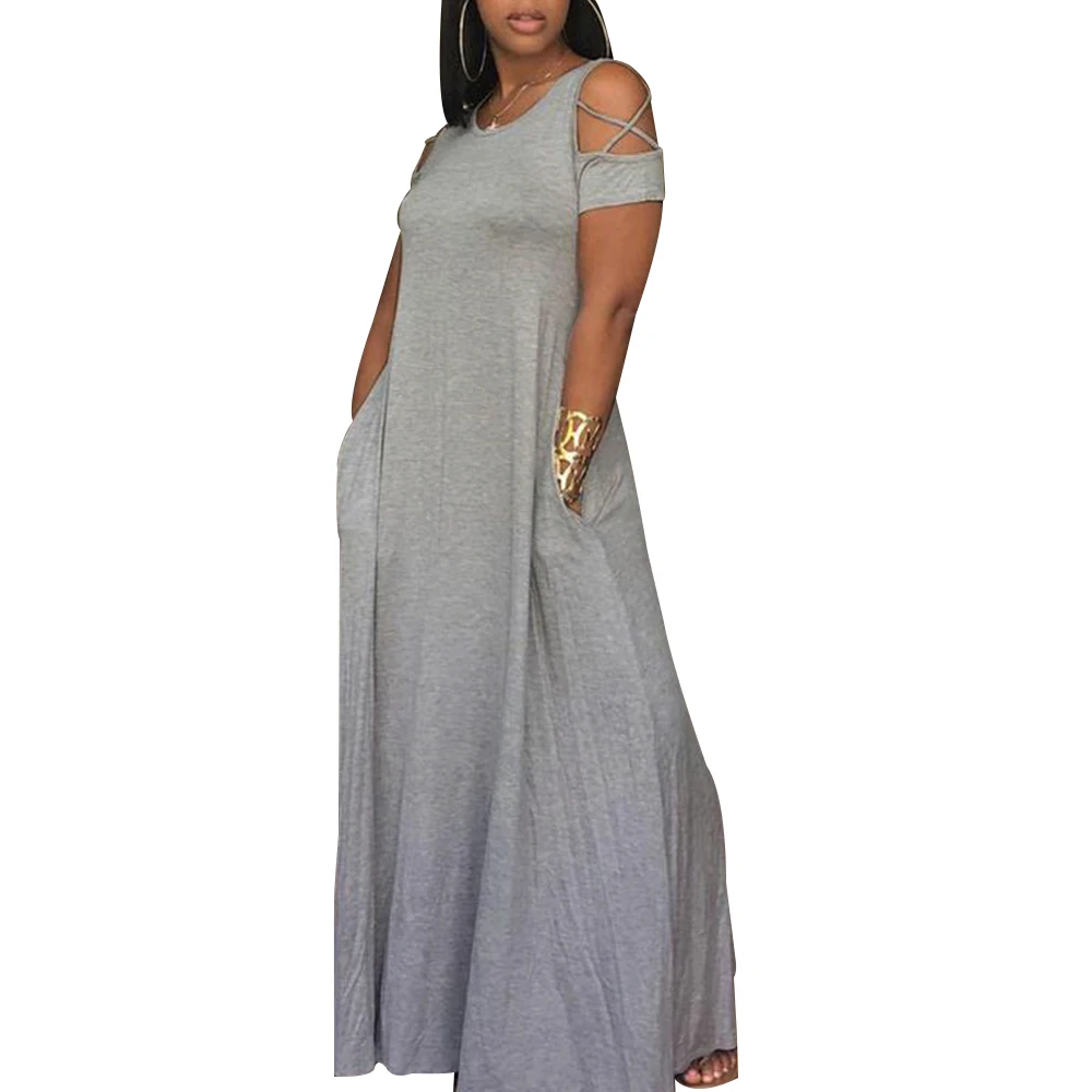 

Women Plus Size Off Shoulder Long Dress Summer Casual Soild Ankle-Length Dress Sexy Fashion Pocket Short Sleeve Maxi Dress