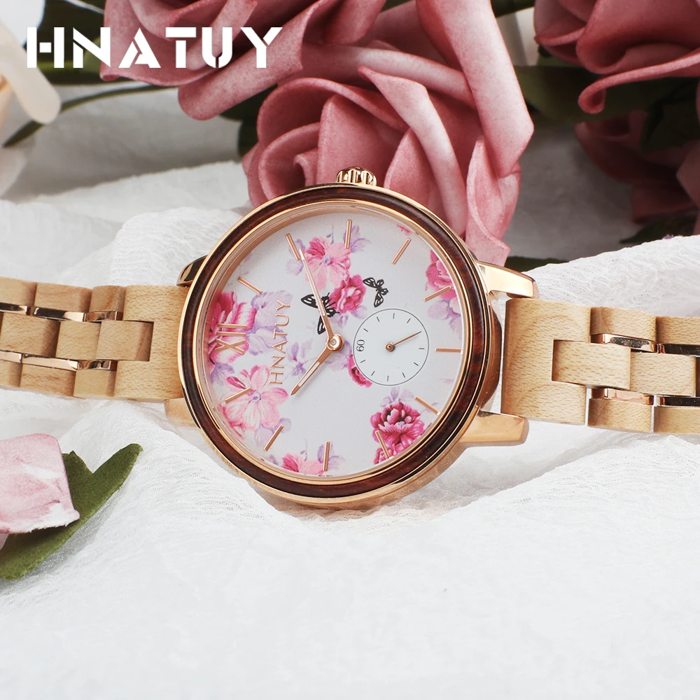 HNATUY деревянные женские часы 50 м водонепроницаемые из нержавеющей стали