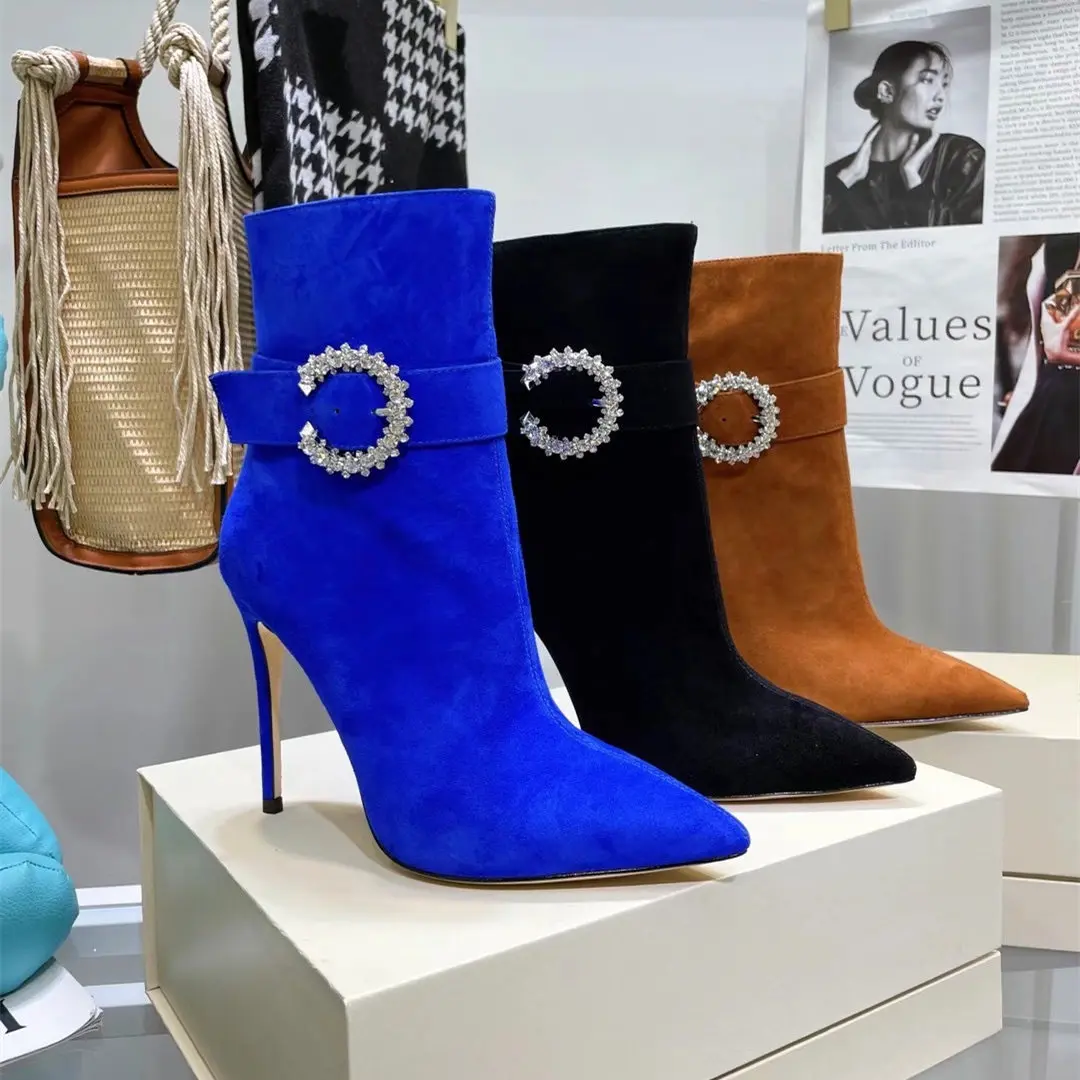 

Casual Designer Women Boots Black Suede Genuine Leather Pointy Toe Crystal Buckle Crystal Strappy High Heels Chelsea Boots 10cm