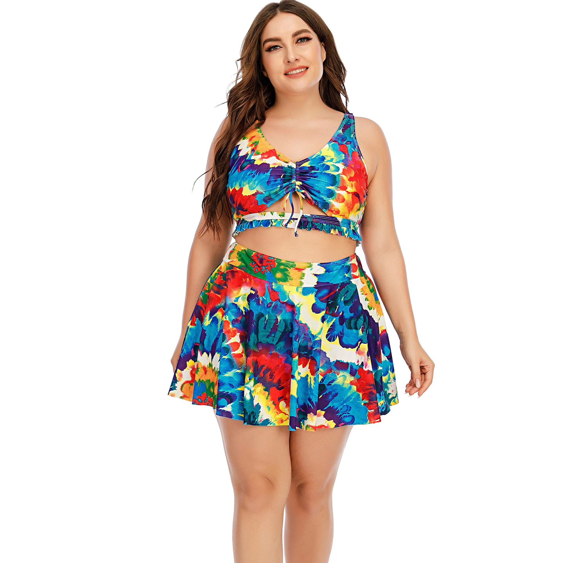 Женский купальный костюм с юбкой эффектом пуш-ап и шнуровкой спереди | Спорт