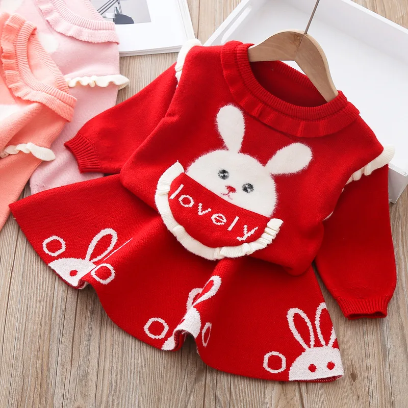Baby girl clothes autumn and winter sweater dress two-piece cartoon cute rabbit warm knitted suit | Детская одежда и обувь