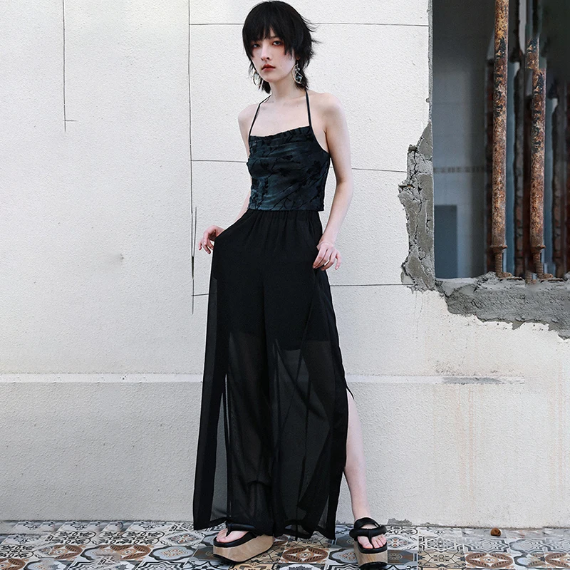 

IEQJ Black Casual High Waist Trousers New Loose Side Slit Chiffon Straight Wide-leg Pants Pants Women Fashion Summer 2021 3F0290