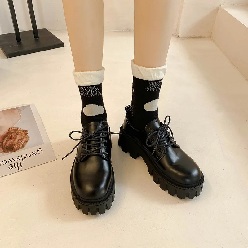 

Autumn New Fashtion Platform Pu Leather Women's Flat Shoes Lace-up Square Heel Thick Heel Women's Casual Loafers Shoes