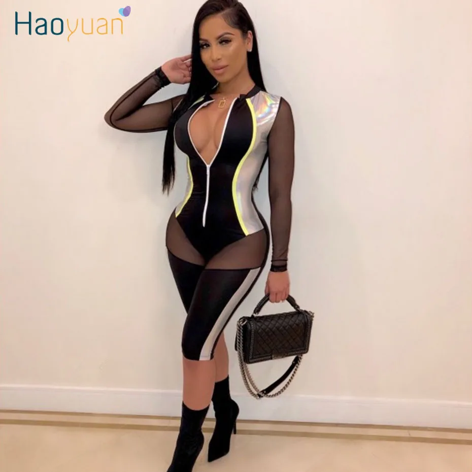HAOYUAN, ПУ, позолота, прозрачная сетка, пэчворк, сексуальный короткий комбинезон для женщин, Цельный Наряд, Облегающий комбинезон, комбинезоны, Клубные, вечерние, комбинезон