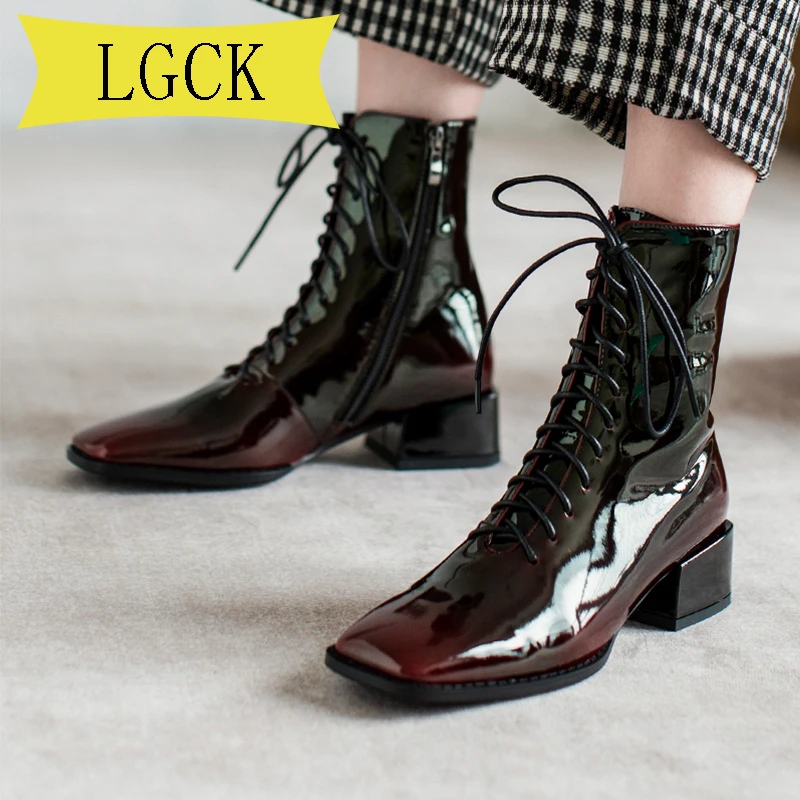 Harga Ukuran 34-43 Patent Kulit Wanita Boots Round Toe Sepatu Wanita Merek Mewah Tinggi Atas Sepatu Anti-selip Wanita Pergelangan Kaki Martins