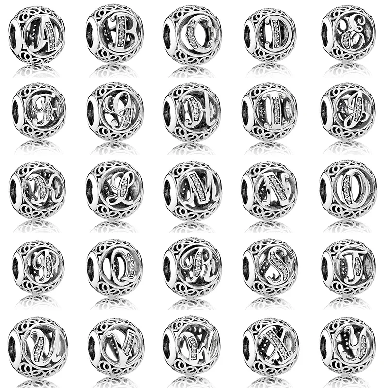 

925 Sterling Silver Sparkling 26 Letters Crystal Beads For Original Pandora Charms Women Bracelets & Bangles Jewelry