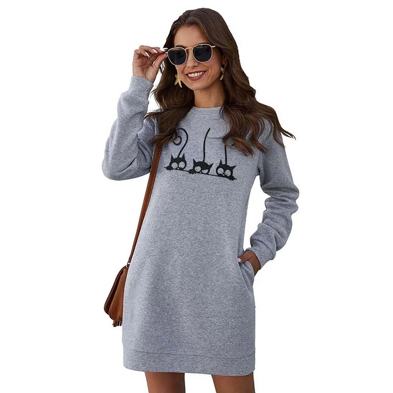 

New Cat Embroidery Sweatshirt Dresses Women Autumn Winter O Neck Long Sleeve Loose Pocket Plus Size Ladies Mini Dress Vestidos