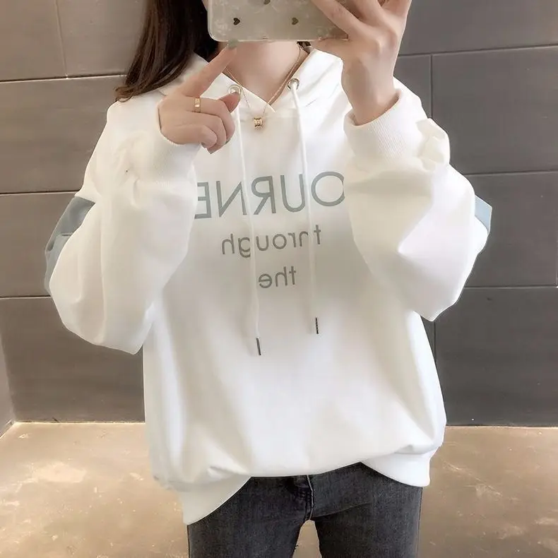 

Ladies Loose Casual Hoodie Autumn Stitching Printing Woman Jacket Street Fashion Pocket Female Drawstring Letter Jacket With Hat