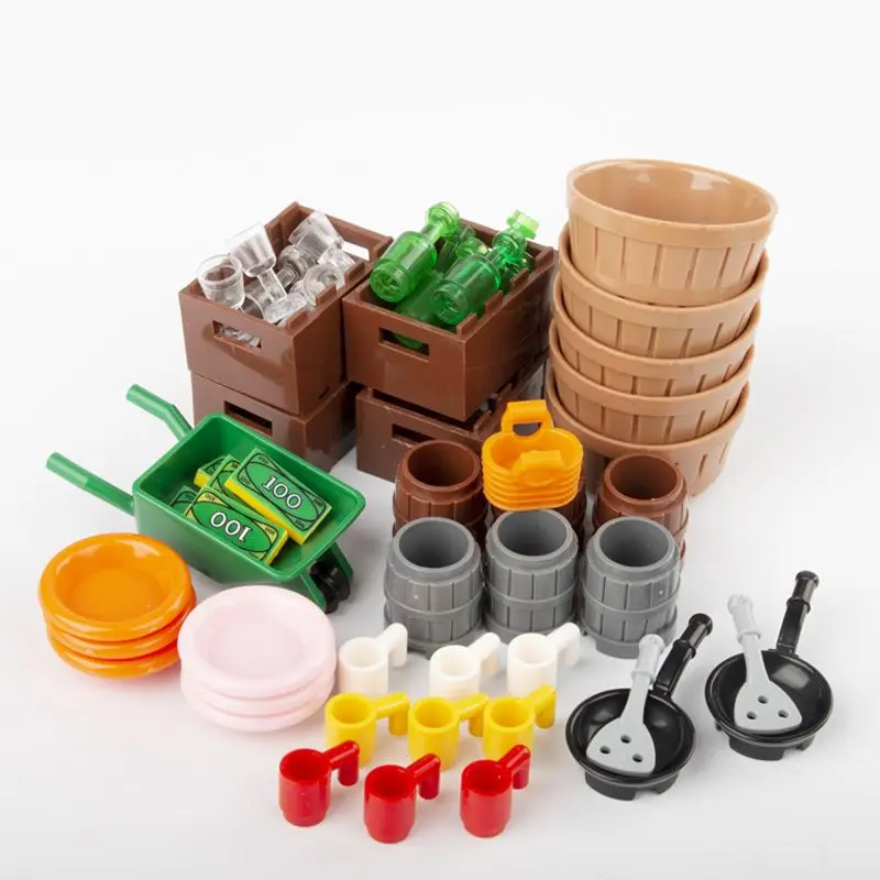 

MOC City Buidling Blcoks Cash Wine Bottle Storage Box Mugs Pan Sholve Barrel Model Toys For Children Gifts City Building Blocks