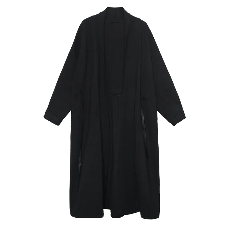 

QING MO Black Big Size Long Cardigan Coat Loose Fit Women V Neck Long Sleeve Trench Coat New Fashion Tide Autumn ZQY4793