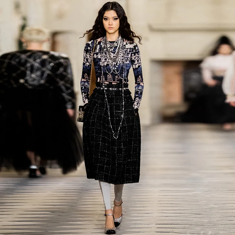 

Runway Designer New High Quality 2021 Autumn Print Knit Tops Tweed Skirt Fashion Vintage Elegant Office Party Women'S Sets