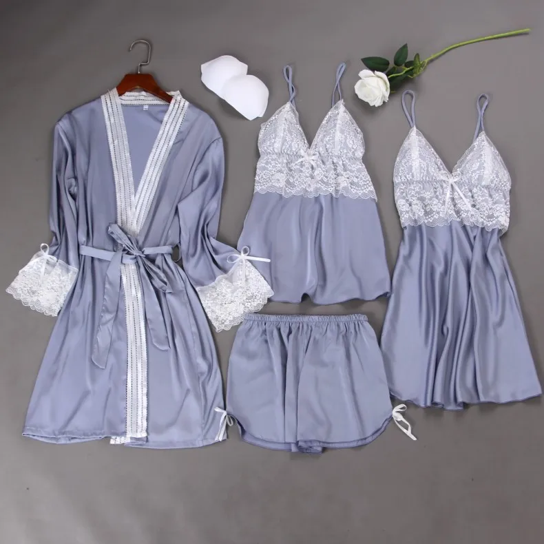 

Satin Sleepwear Female with Chest Pads Sexy Women Pajamas Lace Silk Sleep Lounge 4 Pieces Sets Elegant Ladies Indoor Clothing