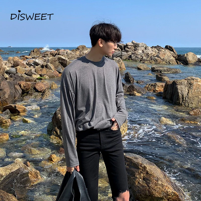 

Solid Round Neck Long Sleeve T-shirt Boy Korean Slim Autumn Men's Tops 2020