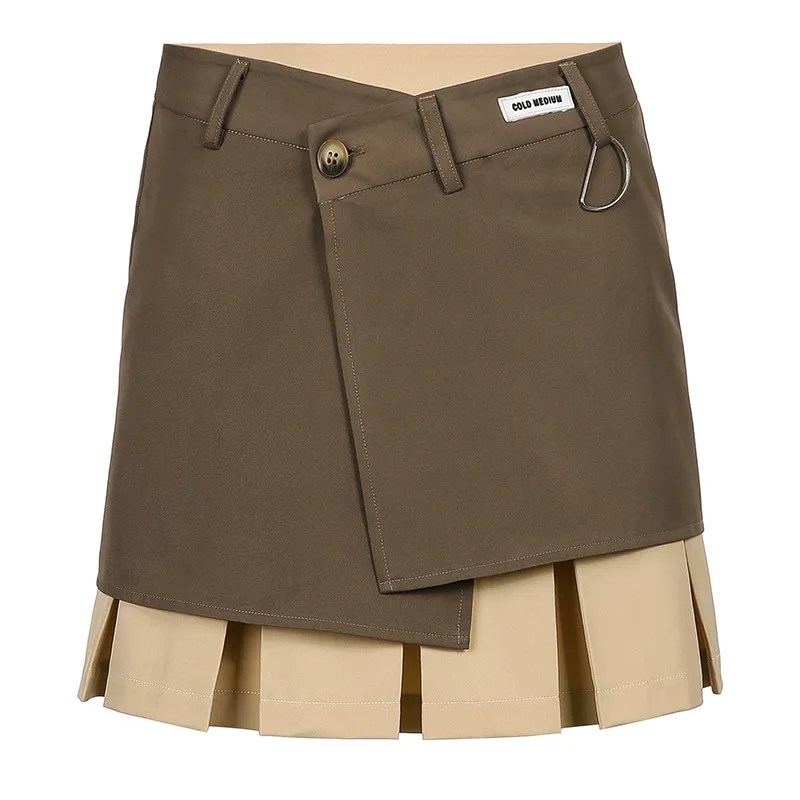 

2021 New College Wind Brown Pleated Skirt Women's 2021 New Fashion High Waist Contrast Color Fake Two-piece Pleated Skirt