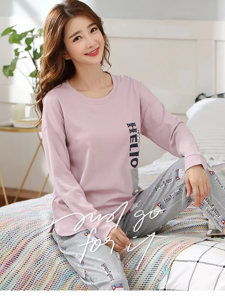 M L XL XXL 3XL 4XL 5XL Женская одежда для сна с длинным рукавом, хлопок, комплекты одежды для сна, осенние пижамы, женские пижамы