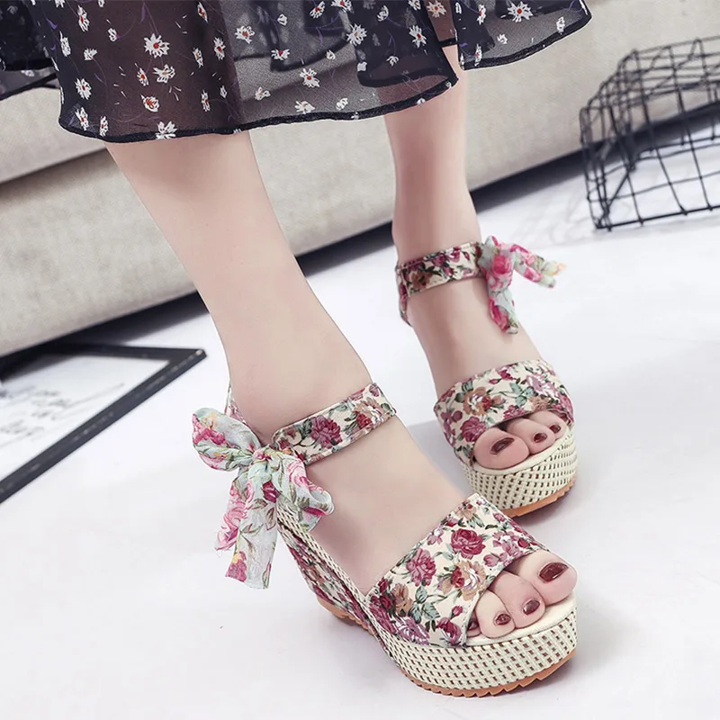 

Timalina Women Summer Wedge Sandals High Heel Fashion Open Toe Ladies Shoes Floral Bowknot Platform Bohemia Casual Female Print