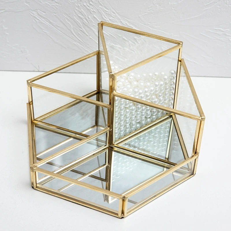 

Geometric Clear Glass Jewelry Box Organizer Holder Tabletop Makeup Storage Case