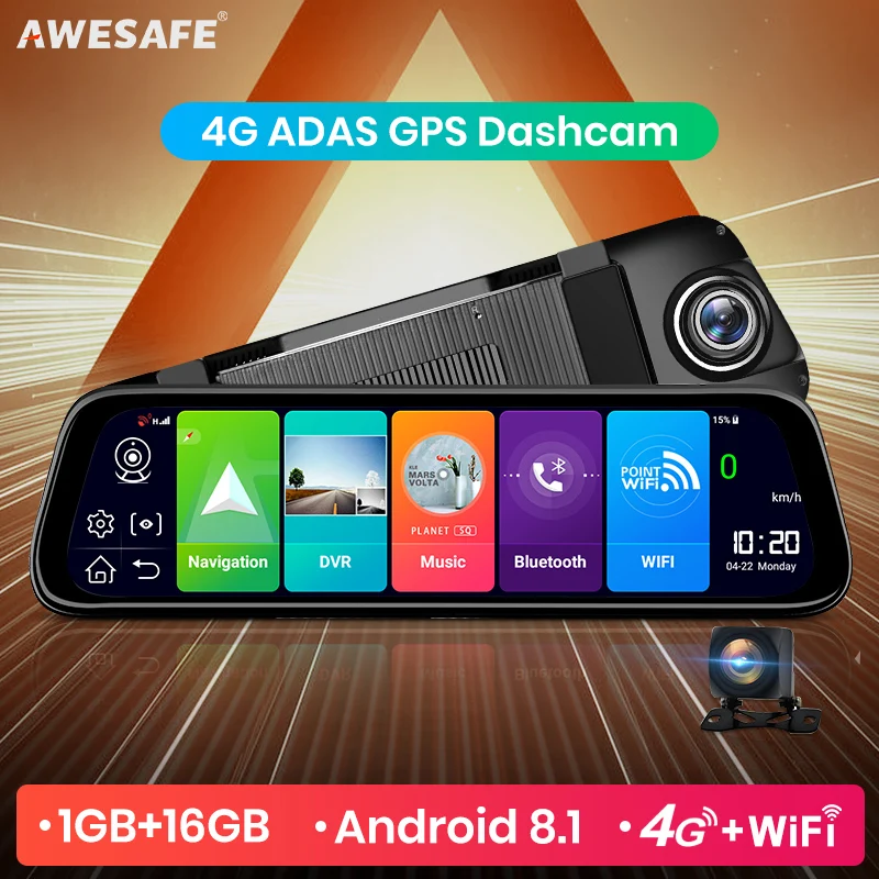 AWESAFE Автомобильный видеорегистратор gps камера-навигатор 4G ADAS 9,6" Android 8,1 поток медиа зеркало заднего вида FHD 1080P Зеркало видеорегистратор