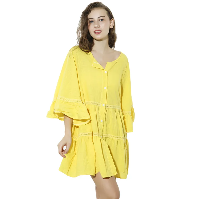 Women v- Neck T-Shirt Basic Button Tee Summer Casual Loose Three Quarter Buttterfly Top Feminino Vestido | Женская одежда